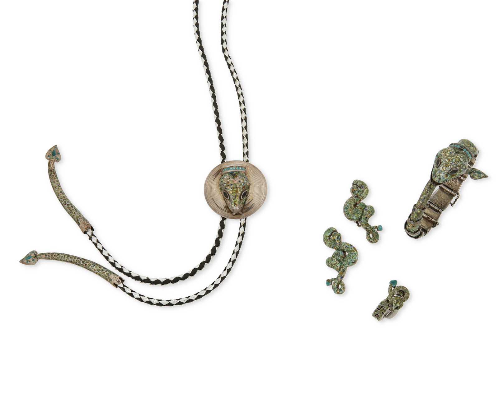 A group of Margot de Taxco "Serpent" sterling silver and enamel jewelry: A group of Margot de Taxco "Serpent" sterling silver and enamel jewelry Margot Van Voorhies (1896-1985) Circa 1955-1978; Taxco, Mexico Each stamped: Margot de Taxco / Sterling / Made in Mexi