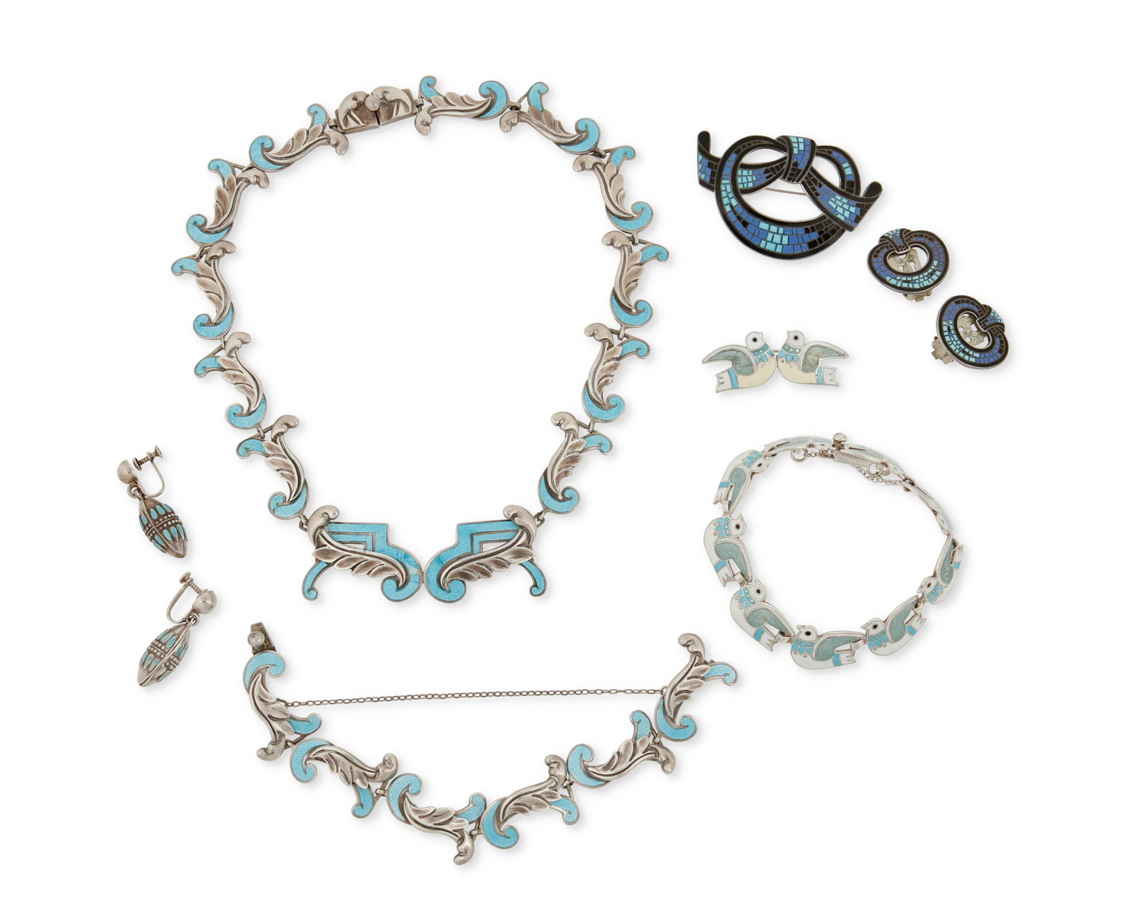 A group of Margot de Taxco Mexican silver and enamel jewelry: A group of Margot de Taxco sterling silver and enamel jewelry Margot Van Voorhies (1896-1985) Circa 1955-1978; Taxco, Mexico Each stamped: Margot de Taxco / Sterling / Made in Mexico / [Eagle 16] / [D
