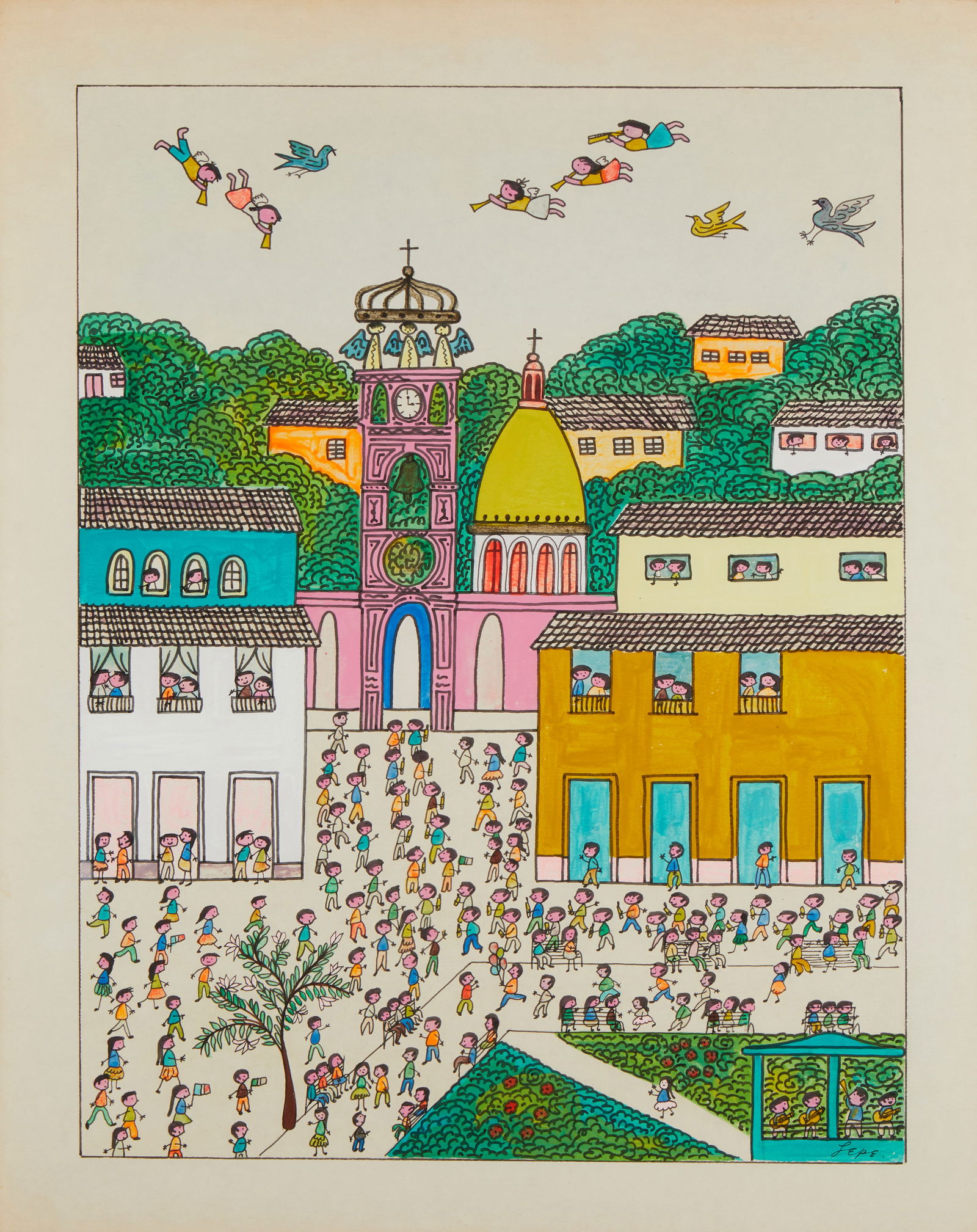Manuel Lepe (1936-1984), Children playing outside a church, Mixed media on paper, Sight: 27.5" H x (1 of 5)