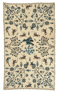 A crewel-style embroidered pictorial textile: A crewel-style embroidered pictorial textileMid-20th century; MexicoPossibly made or designed by René d'Harnoncourt, the bedspread or coverlet is worked in various shades of blue, black and red wool