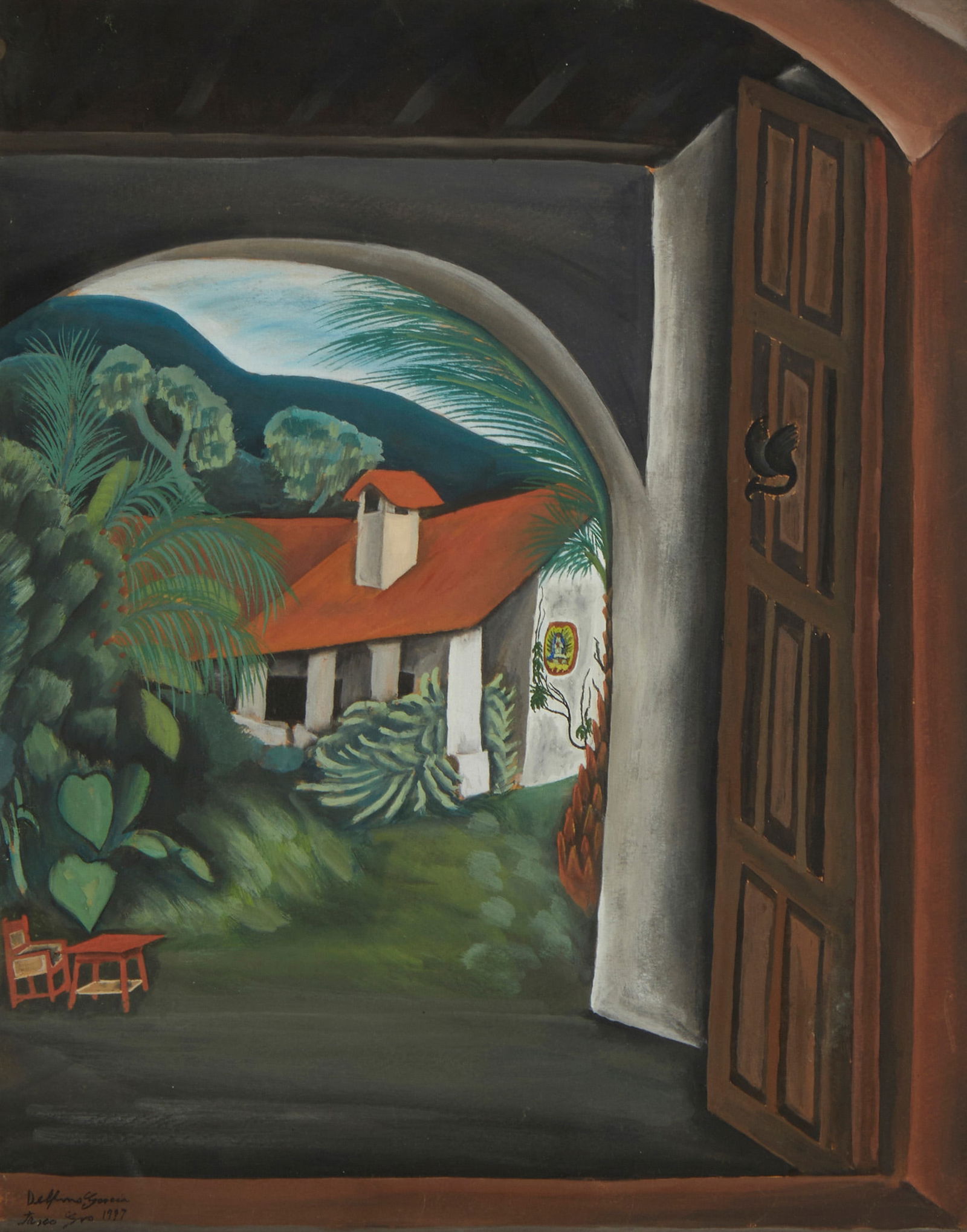 Delfino Garcia (1917-n.d.), "Taxco," 1937, Watercolor and gouache on paper, Image/Sheet: 17.5" H x: Delfino Garcia(1917-n.d.)"Taxco," 1937Watercolor and gouache on paperSigned, titled, and dated lower left: Delfino GarciaImage/Sheet: 17.5" H x 13.75" W Provenance: The Collection