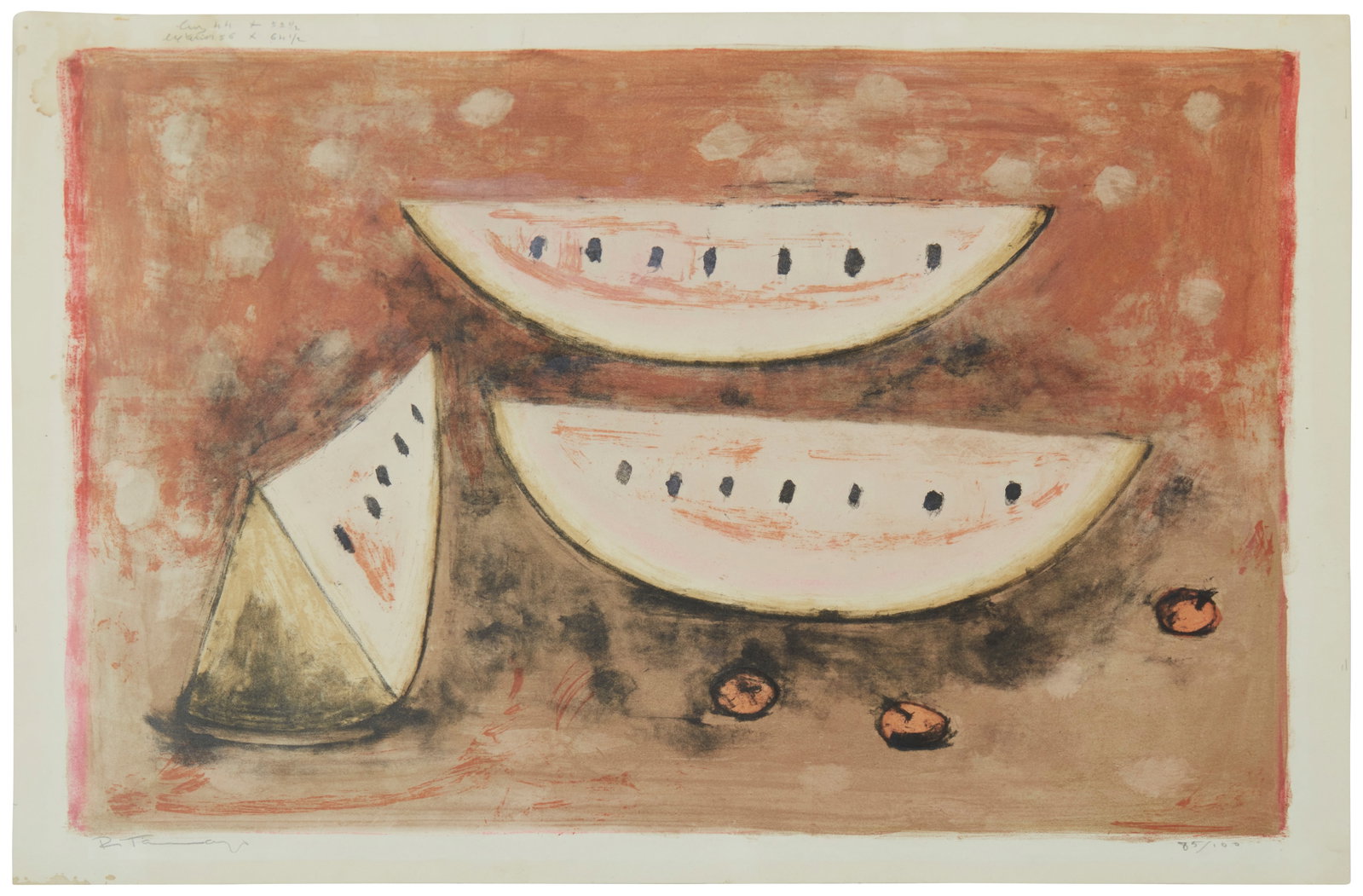 Rufino Tamayo (1899-1991), "Naturaleza Muerta," 1952, Lithograph in colors on wove paper, Image:: Rufino Tamayo (1899-1991) "Naturaleza Muerta," 1952 Lithograph in colors on wove paper Edition: 85/100 Signed and numbered in pencil in the lower margin: R. Tamayo Image: 17.25" H x 21&