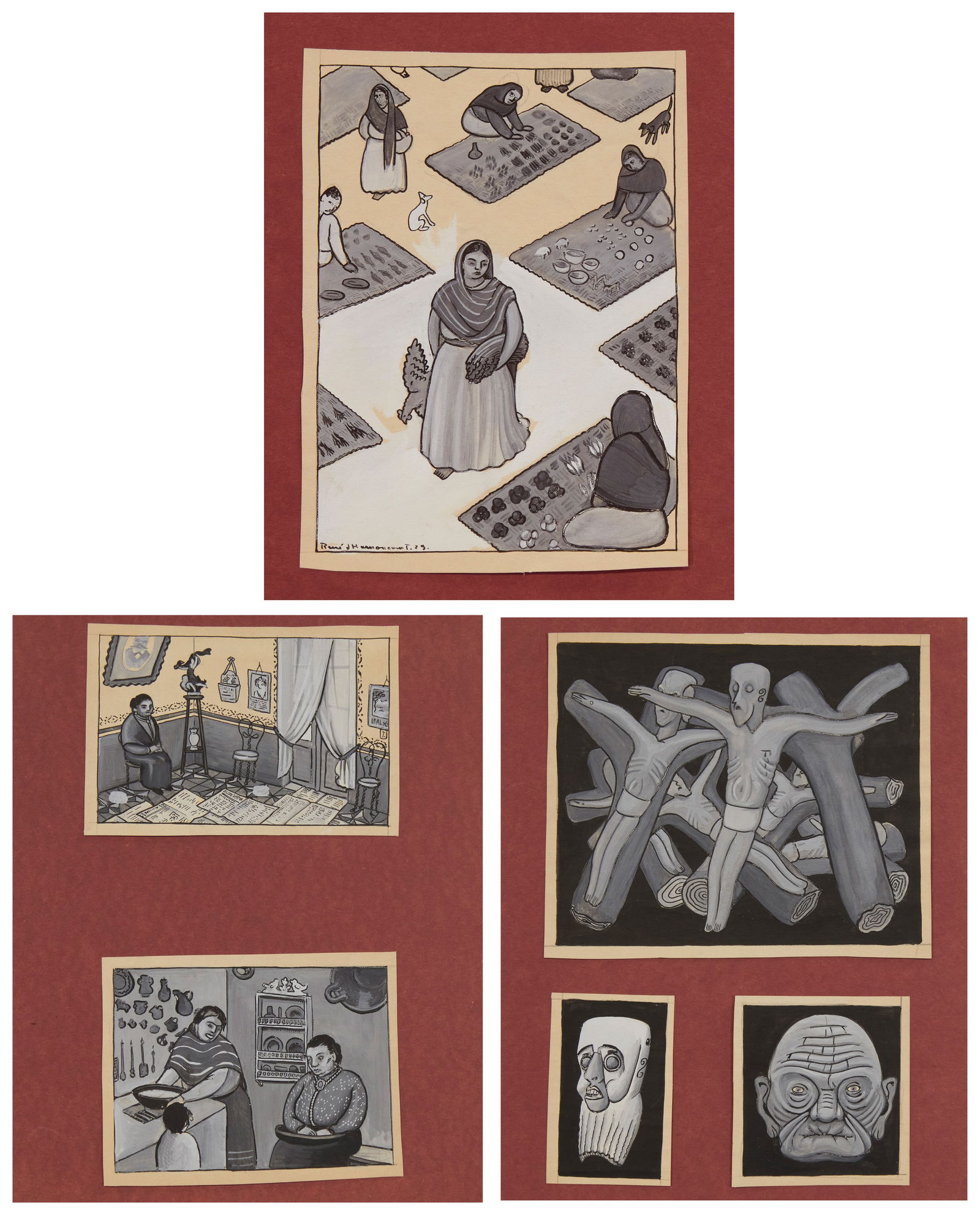 René d'Harnoncourt (1901-1968), Six works on three sheets of red paper, Each sheet: 14.25" H x (1 of 5)