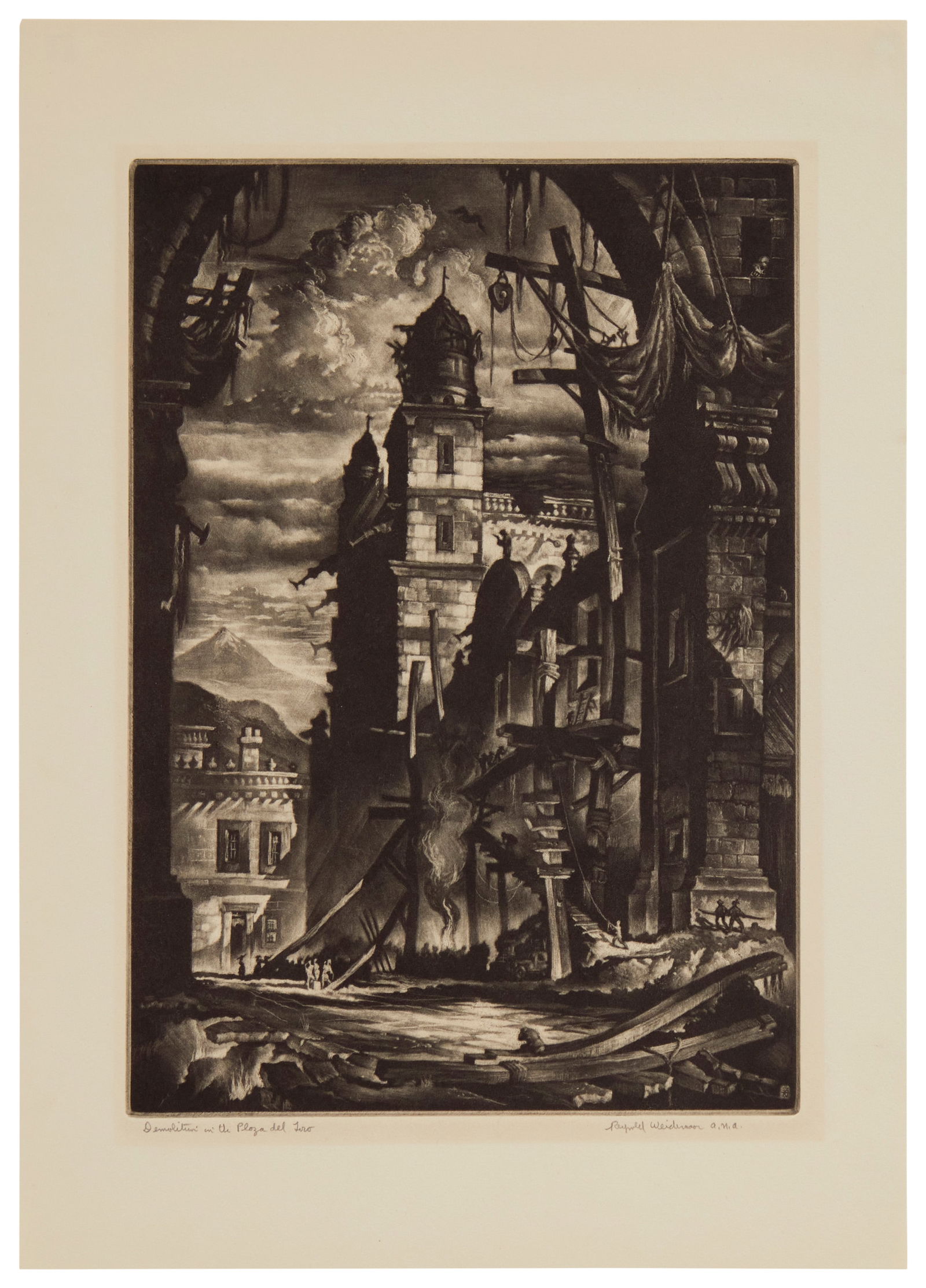 Reynold Weidenaar (1915-1985), "Demolition in the Plaza del Toro," 1950, Mezzotint on wove paper, (1 of 4)