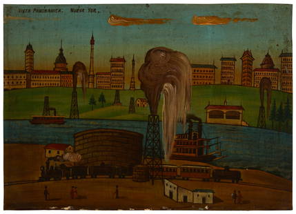 20th Century Mexican School Panoramic View of New York: 20th Century Mexican School Panoramic View of New YorkOil on a tin retabloUnsigned; inscribed along the upper edge, at left: Vista Panoramica. Nueva Yor.10.125" H x 14" W Provenance: The Col