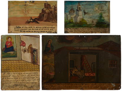 19th/20th Century Mexican School: 19th/20th Century Mexican SchoolFour works:A group of devotional retablo paintings with various figures in landscapes and in domestic settings, each with descriptive bannersEach: Oil on tinEach: Appea