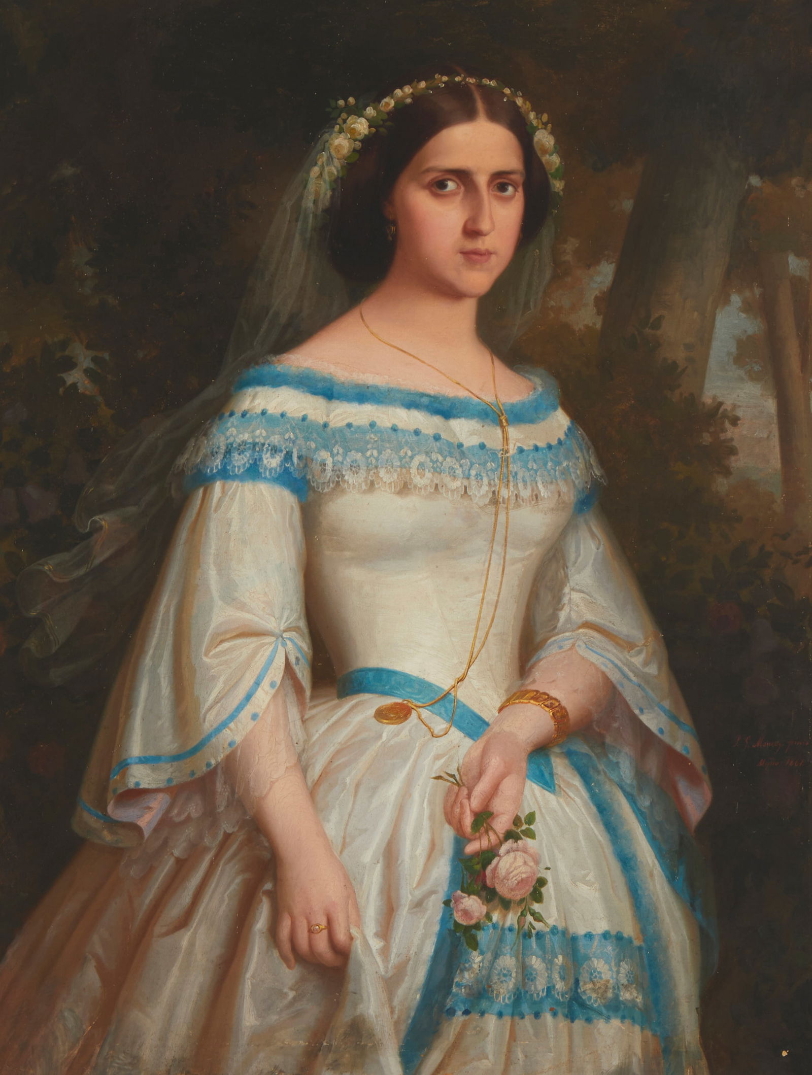 19th Century Mexican School , Portrait of a lady wearing gold jewelry in a white dress, 1867, Oil on (1 of 6)