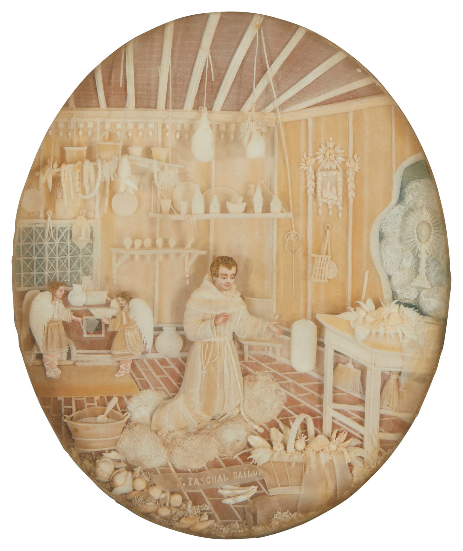 A carved wood diorama of San Pascual Bailon: A carved wood diorama of San Pascual BailonLate 19th/early 20th centuryAppears unsignedThe finely carved wood diorama set in a gilt metal oval frame, depicting San Pascual Bailon, the patron saint of