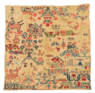 A pictorial needlework sampler: A pictorial needlework samplerMid-20th centuryInitialed in design: PA / LFA large needlework cross stitch needlepoint and embroidered sampler worked in classic designs in polychrome threads in a varie