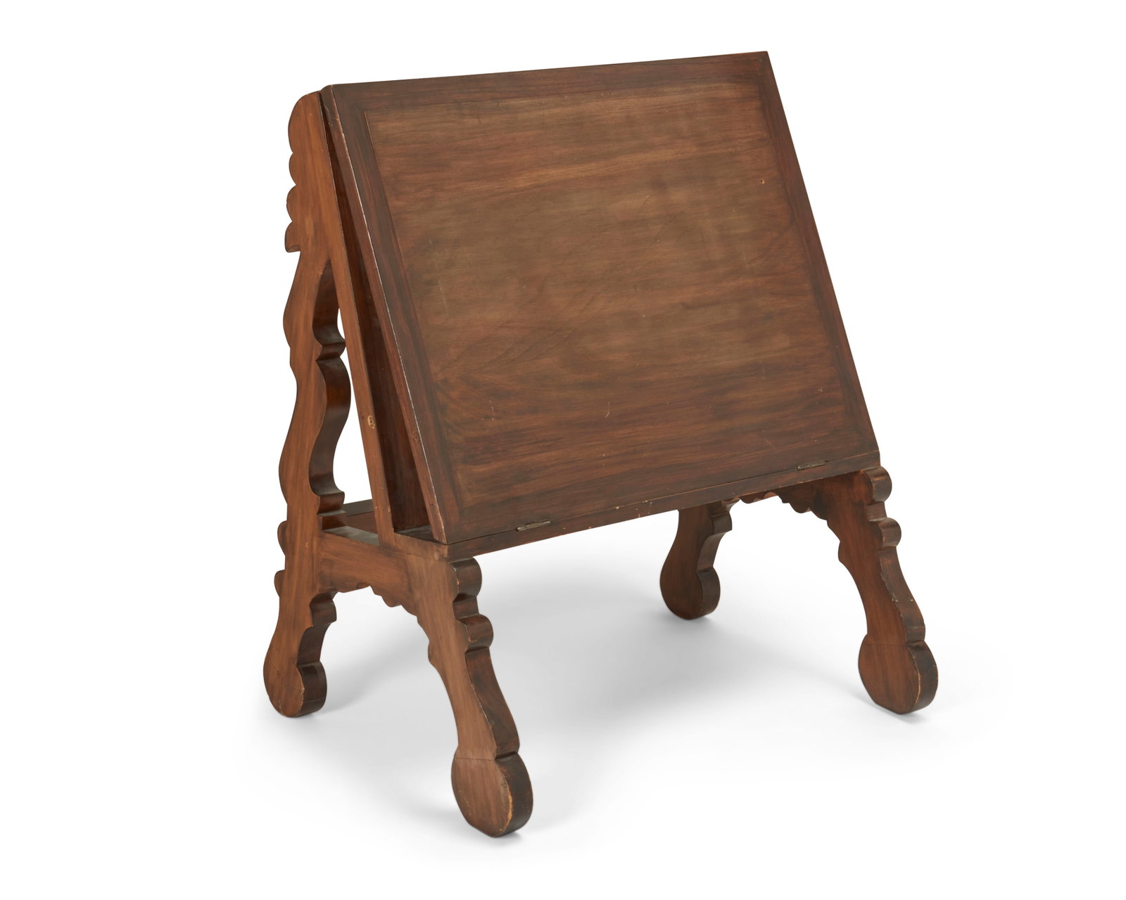 A Spanish Revival portfolio stand: A Spanish Revival portfolio stand Early/mid-20th century Appears unmarked The wood veneer stand with hinged swinging panel 34.5" H x 29.75" W x 21.75" D Provenance: The Collection of Fr
