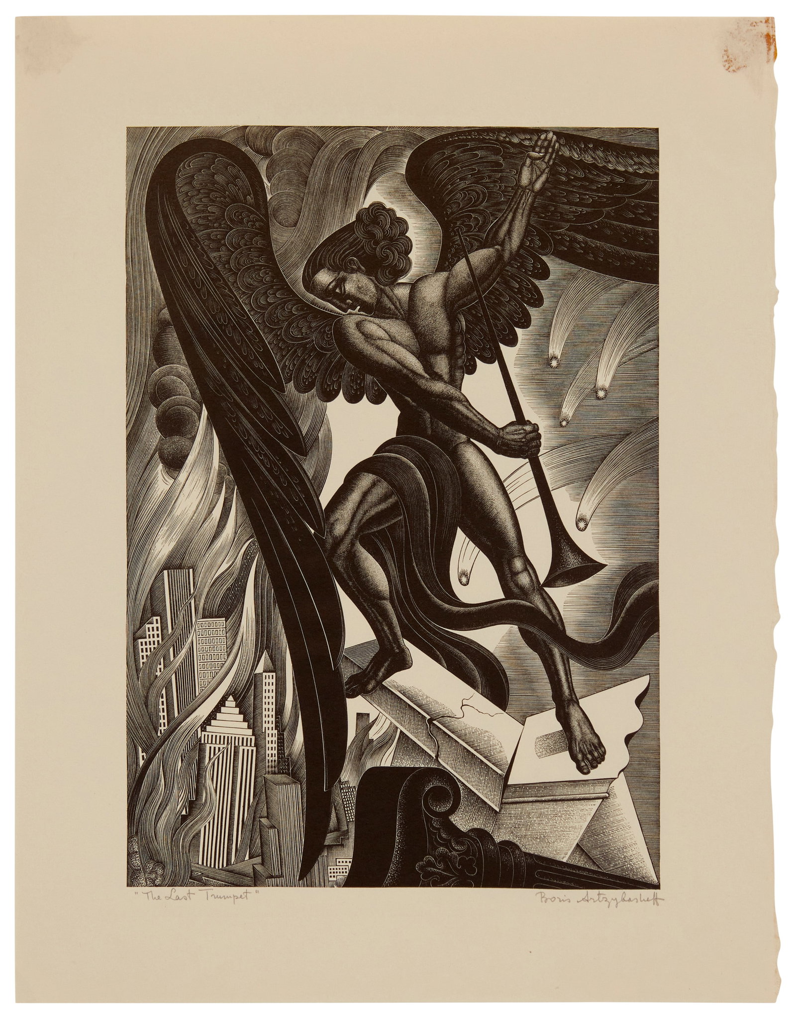 Boris Artzybasheff (1899-1965), "The Last Trumpet,'' 1937, Wood engraving on laid paper, Image:: Boris Artzybasheff (1899-1965) "The Last Trumpet,'' 1937 Wood engraving on laid paper Edition: 61/200 Signed and titled in pencil in the lower margin: Boris Artzybasheff; with the printed title, 