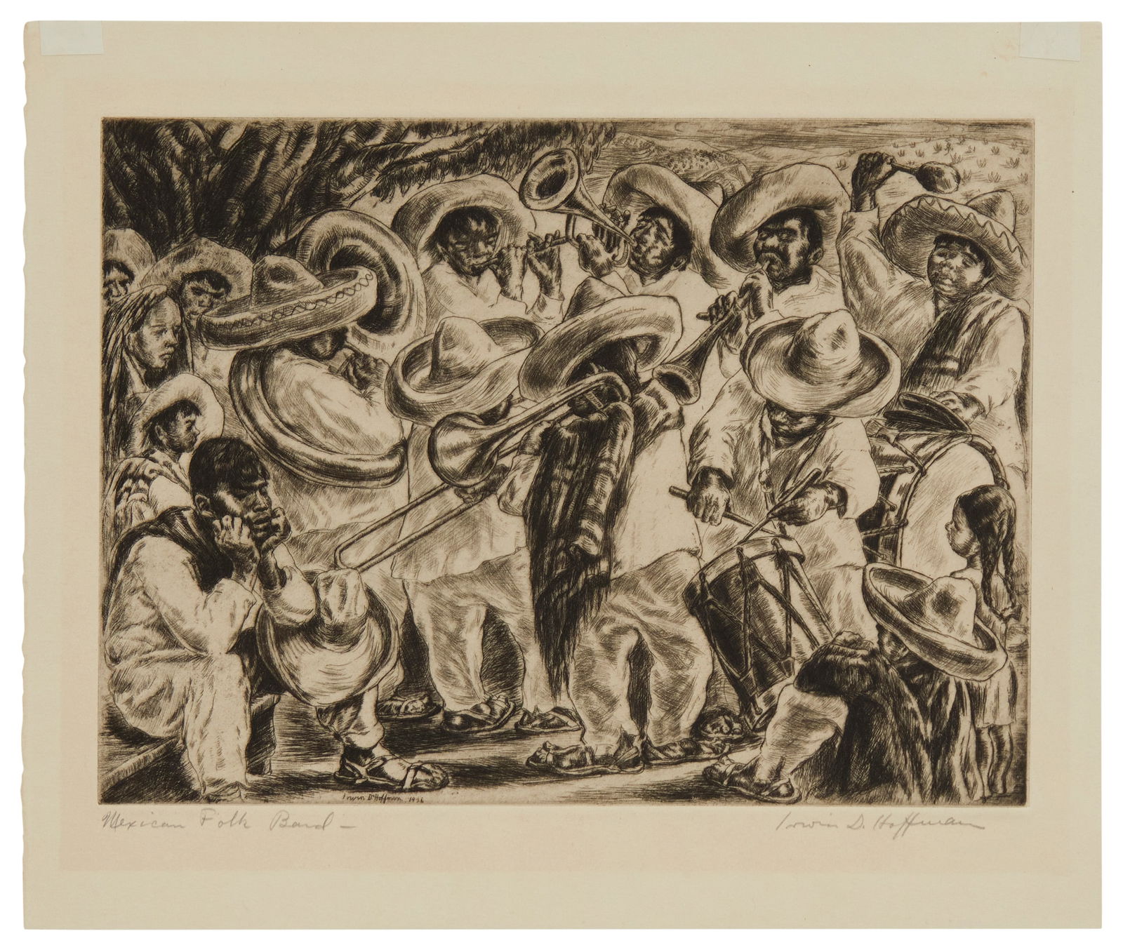 Irwin D. Hoffman (1901-1989), "Mexican Folk Band," 1936, Etching on wove paper, Plate: 8" H x 11" W;: Irwin D. Hoffman(1901-1989)"Mexican Folk Band," 1936Etching on wove paperFrom the edition of unknown sizeSigned and titled in pencil in the lower margin: Irwin D. HoffmanPlate: 8" H x 1
