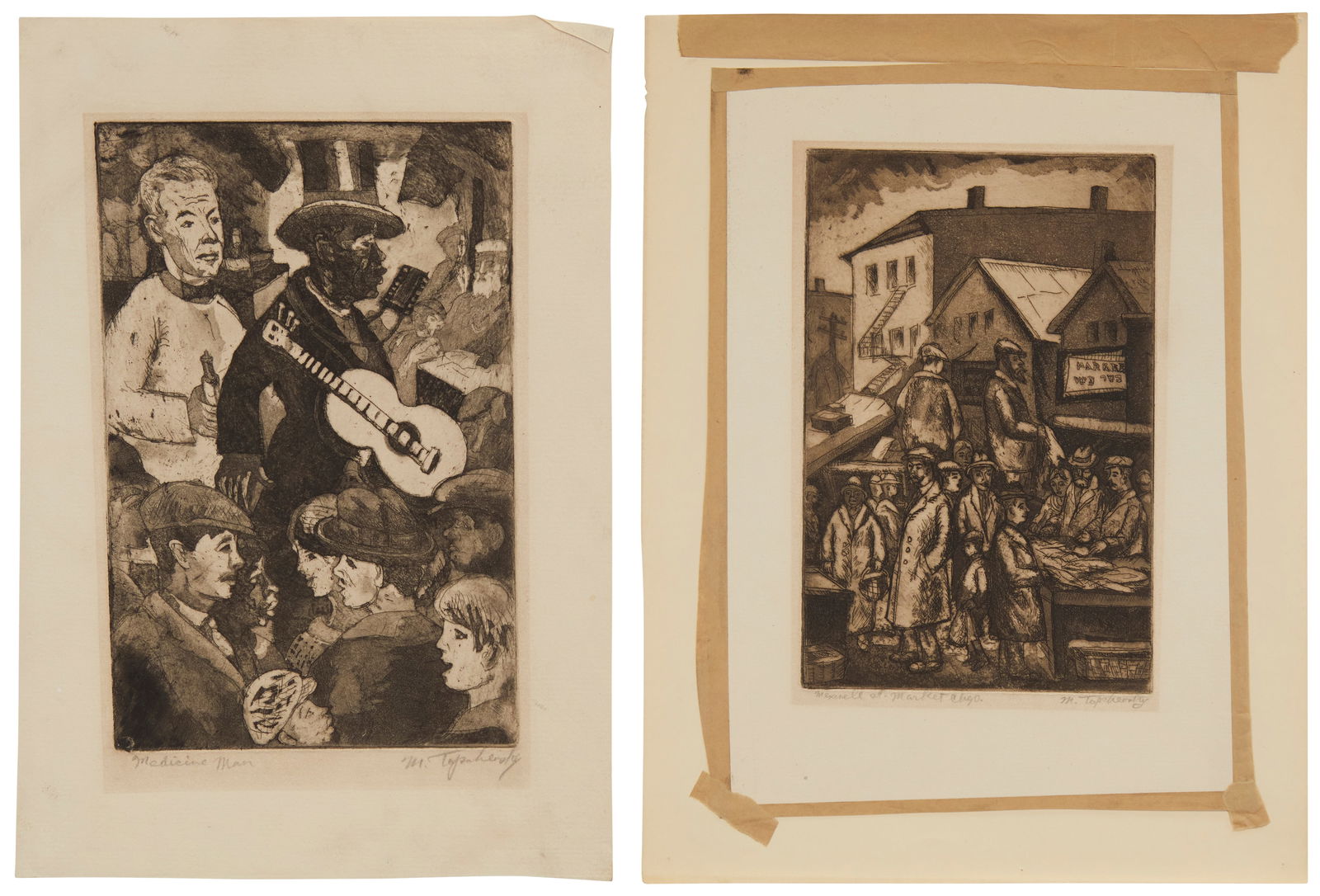 Morris Topchevsky (1899-1947), Two works: "Medicine Man," and "Maxwell St. Market, Chicago," Each (1 of 9)