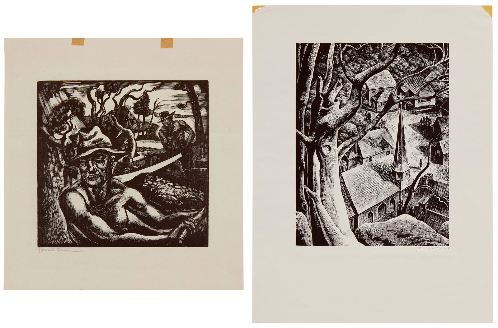 Two 20th Century American School wood engravings on paper by Lynd Ward (1905-1985), and by Howard (1 of 9)