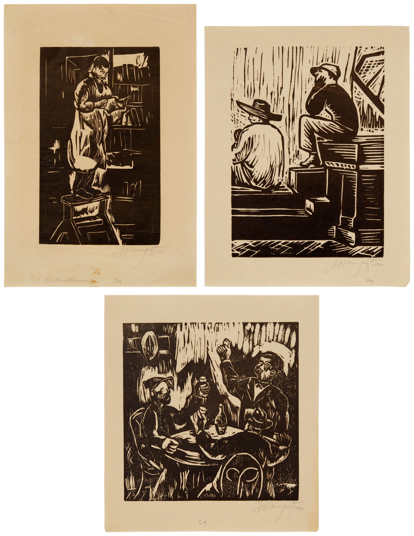 Isidoro Ocampo (1910-1983), Three works: "El Bibliotecario," 1931, People waiting, 1930, Men in (1 of 7)