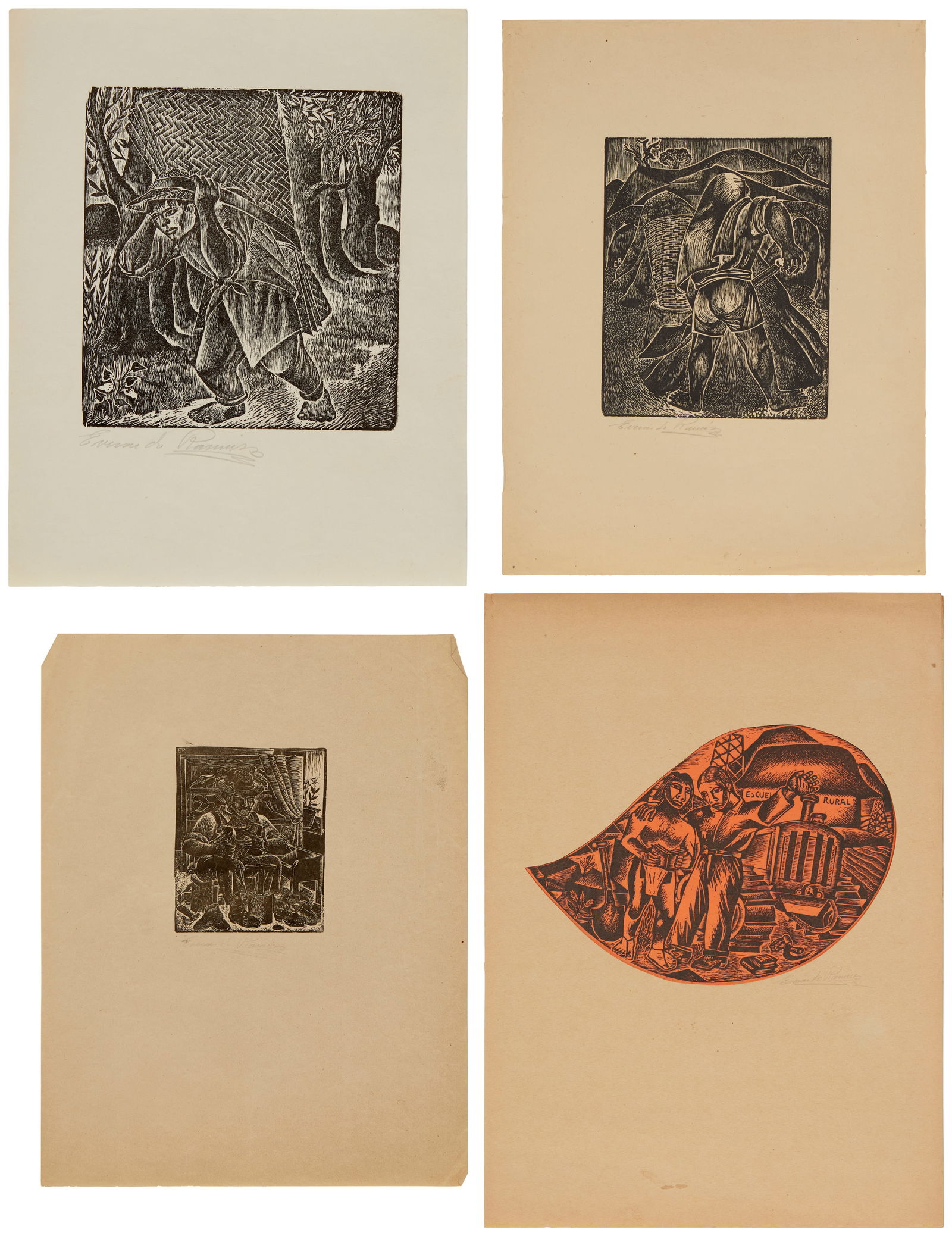 Everardo Ramirez (1906-1992), Four works: One titled "Escuela Rural" and three others depicting men (1 of 9)