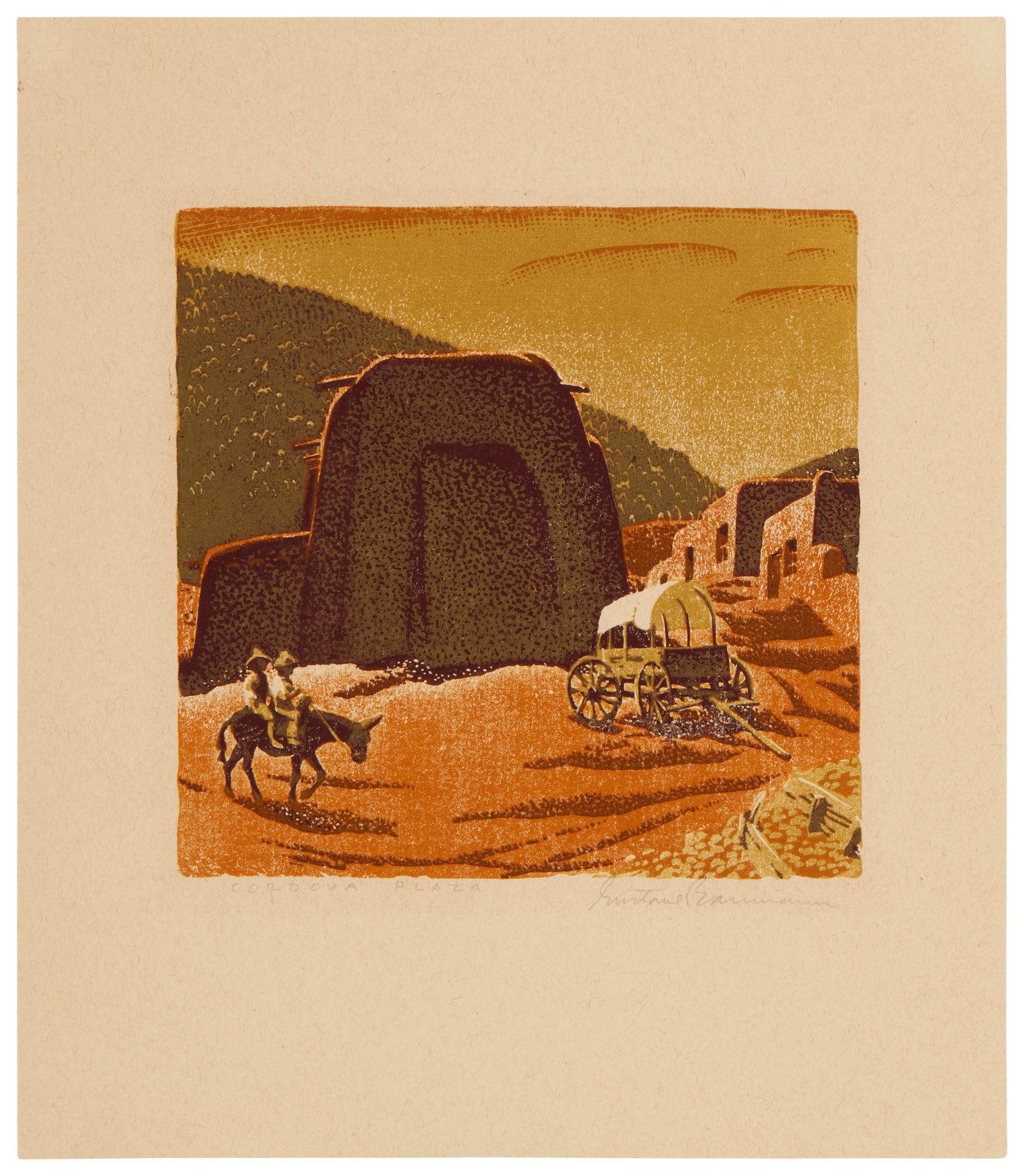 Gustave Baumann (1881-1971), "Cordova Plaza," 1943, Woodcut in colors on buff wove paper in the (1 of 10)