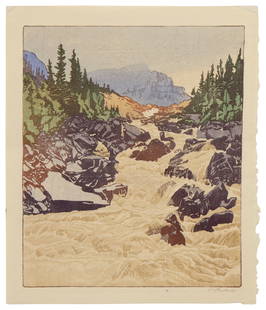 Walter Joseph Phillips (1884-1963), ''Above Lake Louise,'' 1945, Woodcut in colors on laid paper,: Walter Joseph Phillips(1884-1963)''Above Lake Louise,'' 1945Woodcut in colors on laid paperFrom the edition of 200Signed in pencil in the lower margin, at right: W.J. Phillips; with the printed title,