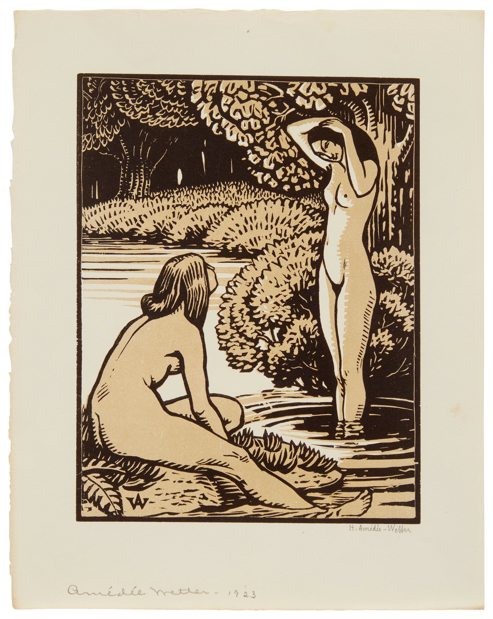 Henri Amedee-Wetter (1869-1929), "Deux nus feminins a la baignage," 1923, Woodcut in colors on wove: Henri Amedee-Wetter (1869-1929) "Deux nus feminins a la baignage," 1923 Woodcut in colors on wove paper, watermark J.Perrigot Presumably from the edition of 30 Signed in pencil in the lower 
