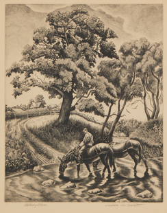 Jackson Lee Nesbitt (1913-2008), "Watering Place," 1939, Etching on paper, Image: 12" H x 9.5" W;: Jackson Lee Nesbitt(1913-2008)&quot;Watering Place,&quot; 1939Etching on paperFrom the edition of 250Signed and titled in pencil in the lower margin: Jackson Lee Nesbitt; Associated American Artists,