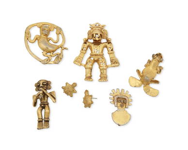 A group of Pre-Colombian-style jewelry: A group of Pre-Colombian-style jewelryMid/late 20th centuryVariously stamped: Alva Studios / © / Alva Museum Replicas / Reproduction /Six works in gold-toned metal in various figural and animalistic