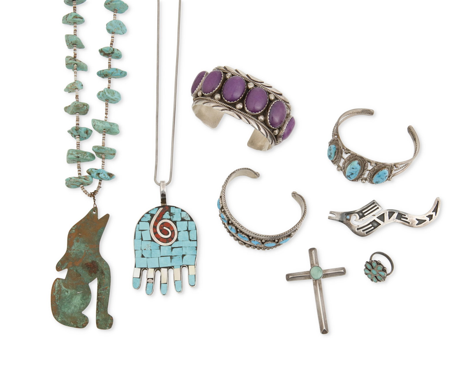 A group of Southwestern-style jewelry: A group of Southwestern-style jewelry Eight works: Ava Marie Coriz (1948-2011; Santo Domingo/Kewa Pueblo) A sterling silver inlaid Pueblo 'hand' pendant, late 20th/21st century Stamped verso: AMC / R 
