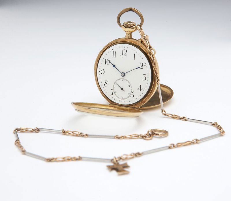 A repeater pocket watch, S. Silverthau and Sons: The white porcelain dial with Arabic hour chapters and sub-seconds dial attached to a slide-activated minute repeating, pin set, stem wind movement, within an 18K gold smooth open face case, lid impre