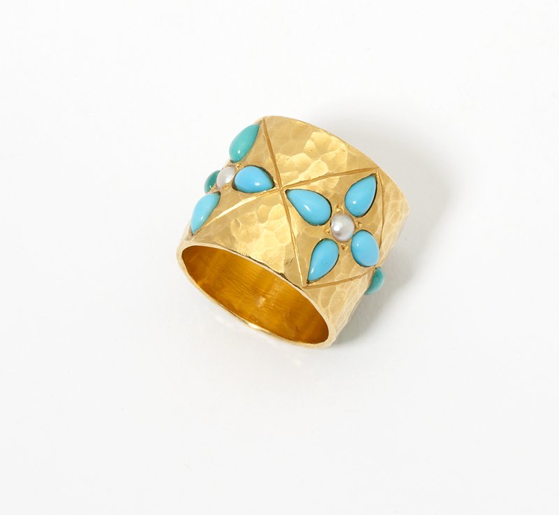 A gold and turquoise wide band, Cathy Waterman: Stamped 22K gold and CW for Cathy Waterman, hammered and set with seed pearl and turquoise cabochons, size 5.5 - 6, .625'' high, 14.1 gms, with pouch, est:$500/700 Provenance: Property of a Private Pa