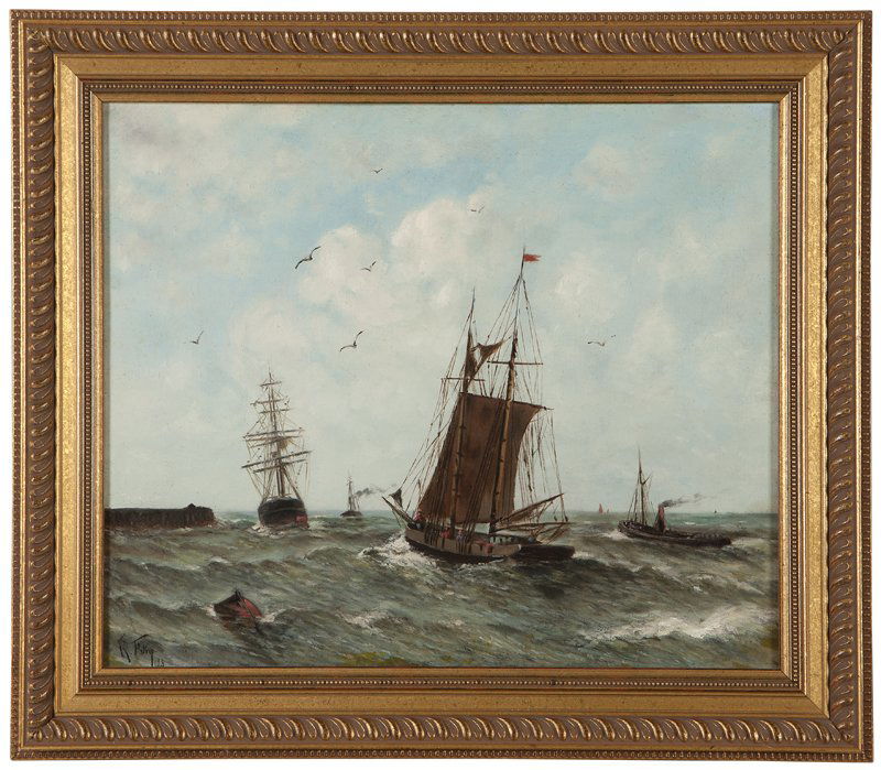 Late 19th Century Dutch School: Sailing ships on moderate seas, signed indistinctly and dated lower left: 98, oil on canvas, 18'' H x 21.5'' W, est:$400/600 Provenance: Private Collection, Pasadena, acquired in Paris, by descent in