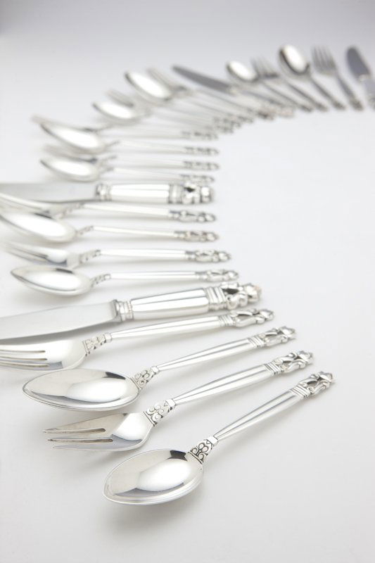 A Georg Jensen 'Acorn' sterling flatware service: Designed by Johan Rohde circa 1915, second half 20th century, with maker's mark, further marked 'Sterling Denmark', a service for 12 twelve, comprising: 12 dinner forks (7.5''), 12 salad forks (6.5'')