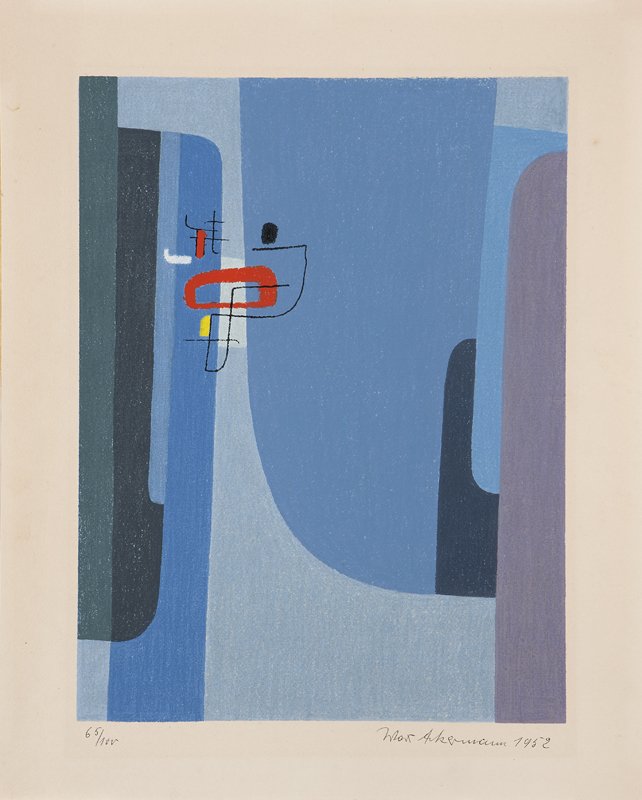 Max Ackermann (1887-1975 German): Abstract composition, signed and dated in ink lower right: Max Ackermann 1952, numbered in ink lower left: 65/100, unframed color lithograph on paper in color, image size: 18.25'' H x 14'' W, est:$400