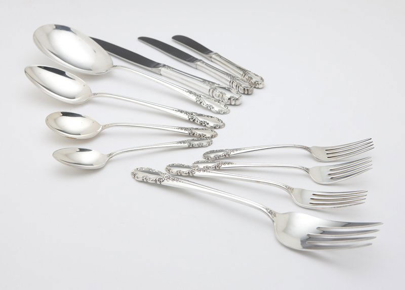 A sterling flatware service, Rogers 'Bridal Veil': Second half 20th century, American, with maker's marks and ''Sterling'', a service for twelve comprising: 12 teaspoons (6''),12 oval soup spoons (6.5''), 15 dinner forks (7.25''), 12 salad/dessert for