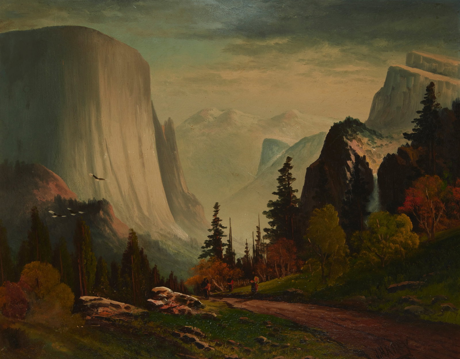 Joseph Henry Riley (1868-1940), Yosemite Valley with figures on trail, Oil on board, 16" H x 19.5" W: Joseph Henry Riley (1868-1940) Yosemite Valley with figures on trail Oil on board Signed lower right: J.H. Riley 16" H x 19.5" W