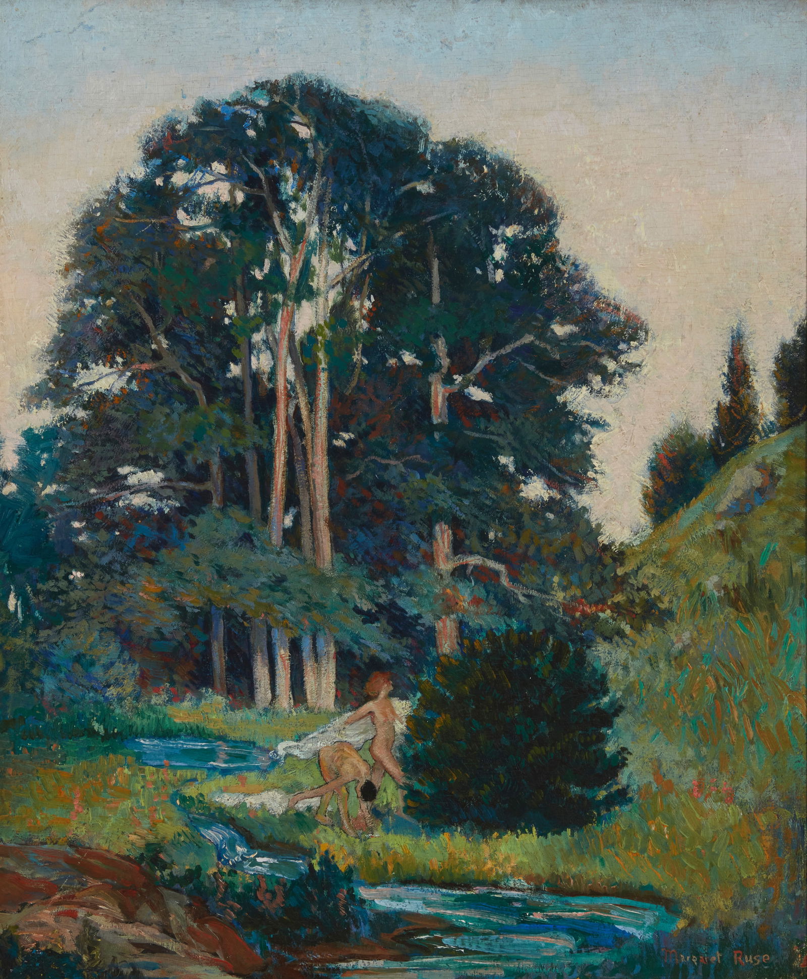 Margaret Ruse (20th century), Figures near a stream, Oil on board, 24" H x 20" W: Margaret Ruse(20th century)Figures near a streamOil on boardSigned lower right: Margaret Ruse24" H x 20" W