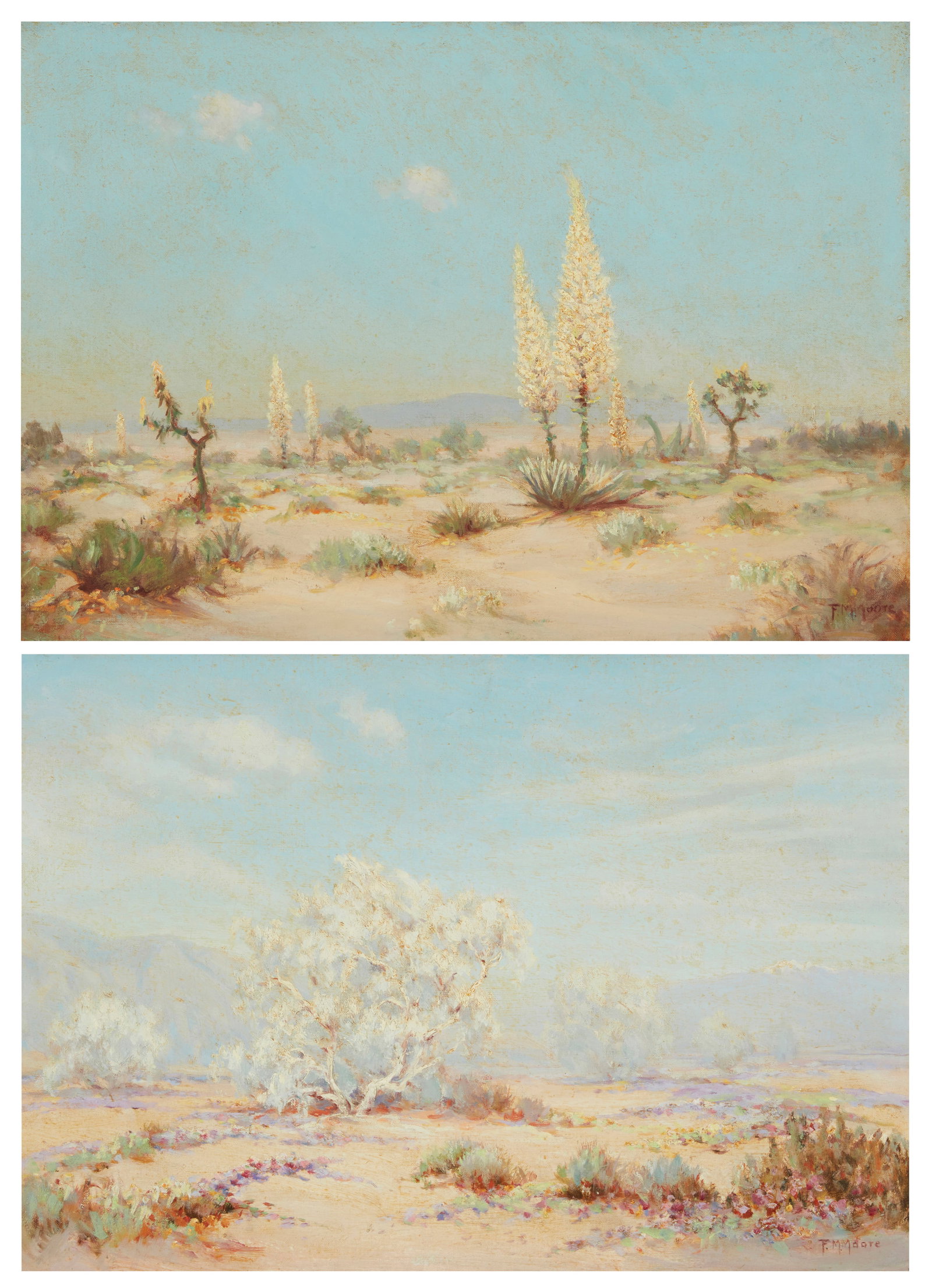 Frank Montague Moore (1877-1967), Two works: "Mojave Desert & Yucca, California," "Desert: Frank Montague Moore (1877-1967) Two works: "Mojave Desert & Yucca, California" Oil on canvas laid to board Signed lower right: F. M. Moore; titled on the backing of the frame 14" H x 2