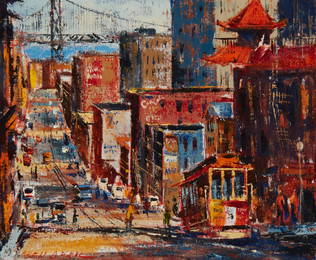 Ben Abril (1923-1995), "San Francisco," Oil on canvas, 16" H x 20" W