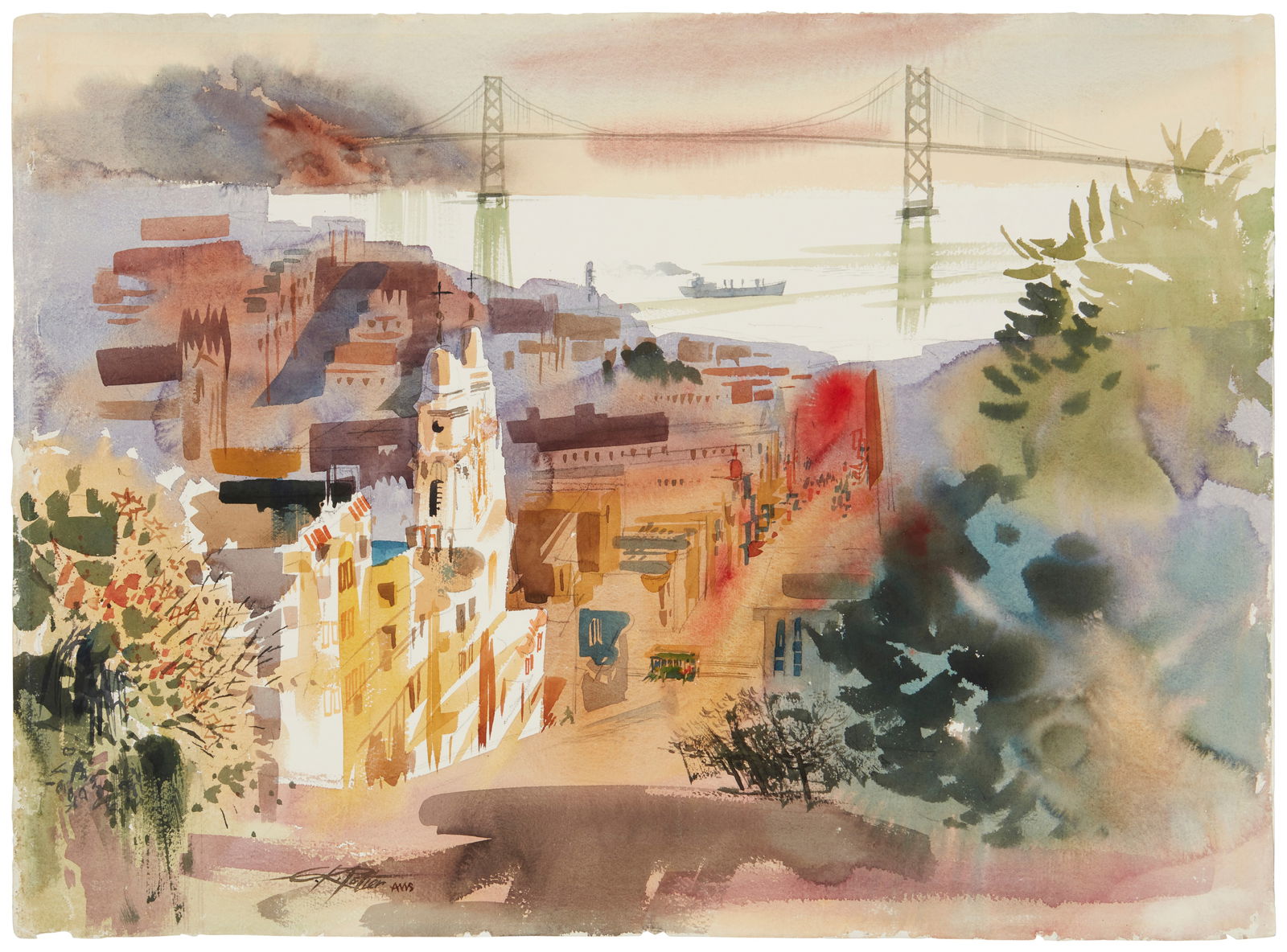 Kenneth George Potter (1926-2011), View of San Francisco with Golden Gate Bridge, Watercolor on (1 of 5)