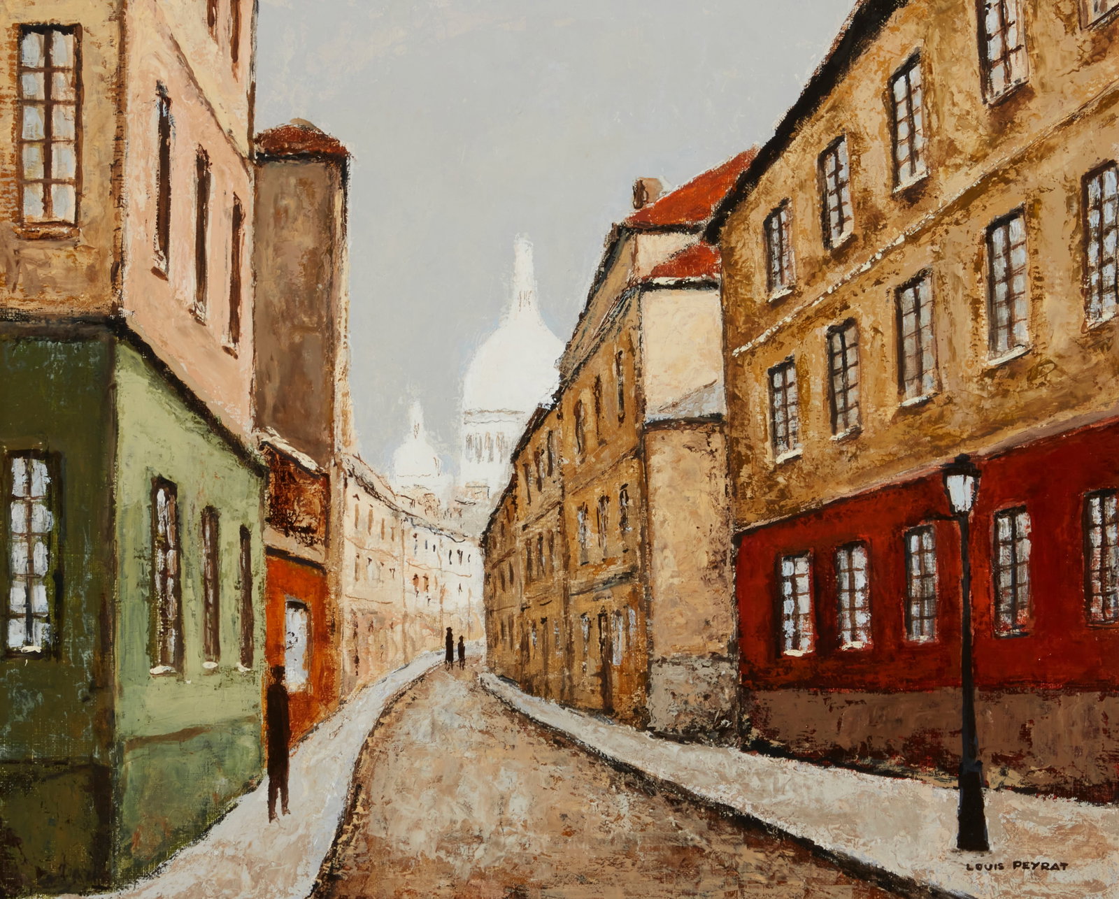 Louis Peyrat (1911-2001), "Paris Montmartre, Rue St. Rustique," Oil on canvas, 16" H x 20" W: Louis Peyrat (1911-2001) "Paris Montmartre, Rue St. Rustique" Oil on canvas Signed lower right: Louis Peyrat; signed again and titled, verso 16" H x 20" W