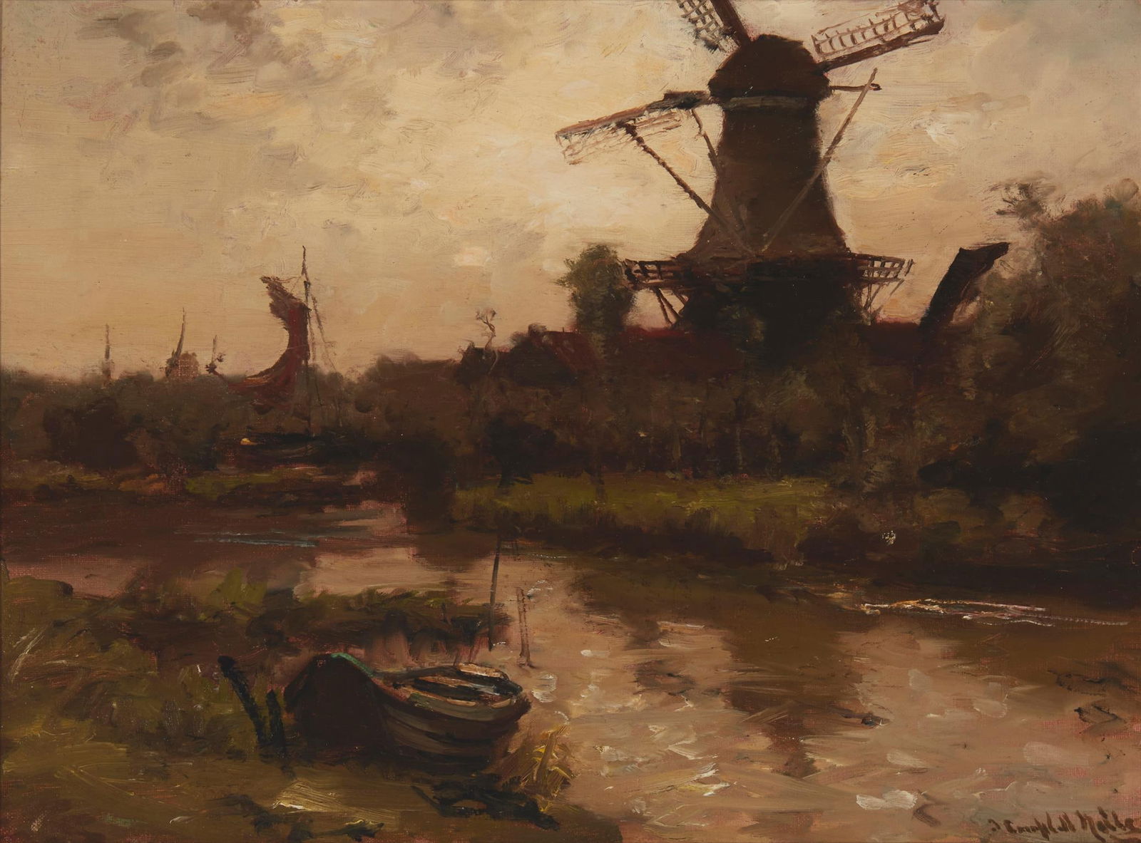 James Campbell Noble, (1846-1913, Scottish), "The Windmill on the Marsh", Oil on canvas, 12" H x 16" (1 of 8)