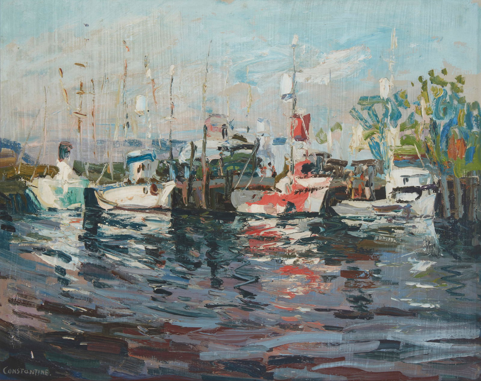 Constantine Cherkas (1919-2011), Boats in harbor, Oil on Masonite, 24" H x 30" W (1 of 5)