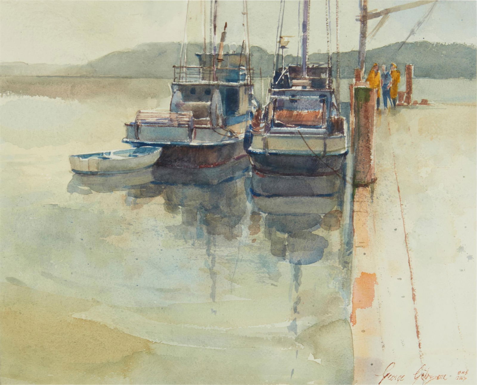 George Gibson, (1904-2001), Boats and fishermen at dockside, Watercolor on paper, Sight: 15.75" H x: George Gibson(1904-2001)Boats and fishermen at docksideWatercolor on paperSigned and inscribed lower right: George Gibson ANA / AWSSheet: 16" H x 20" W
