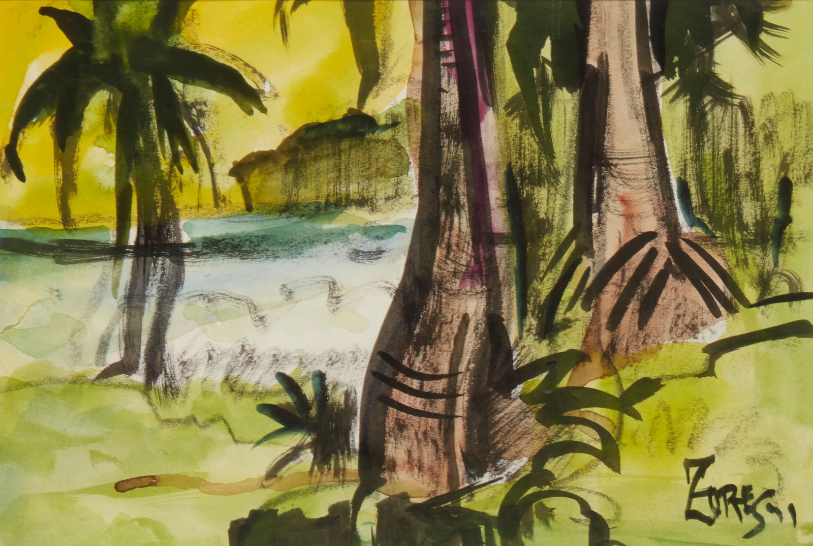 Milford Zornes (1908-2008), Coastal landscape with palm trees, Watercolor on paper, Sight: 7.5" H x (1 of 6)