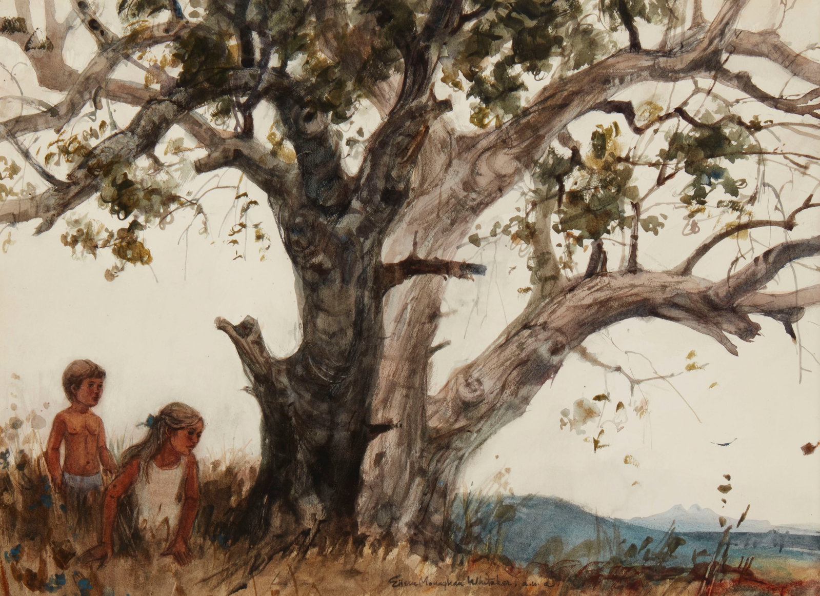 Eileen Monaghan Whitaker (1911-2005), "Up Under the Big Tree," Watercolor on paper, Sight: 21.5" H x: Eileen Monaghan Whitaker (1911-2005) "Up Under the Big Tree" Watercolor on paper Signed in the lower edge, at center: Eileen Monaghan Whitaker; titled on a piece of tape affixed to the frame