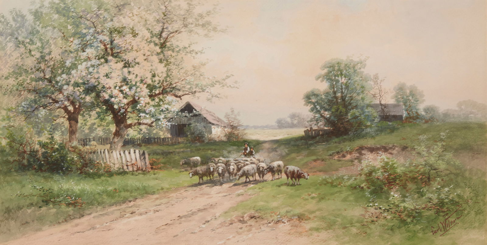Carl Weber (1850-1921), Landscape with sheep herder, Watercolor on paper, Sight: 13.75" H x 27" W (1 of 6)