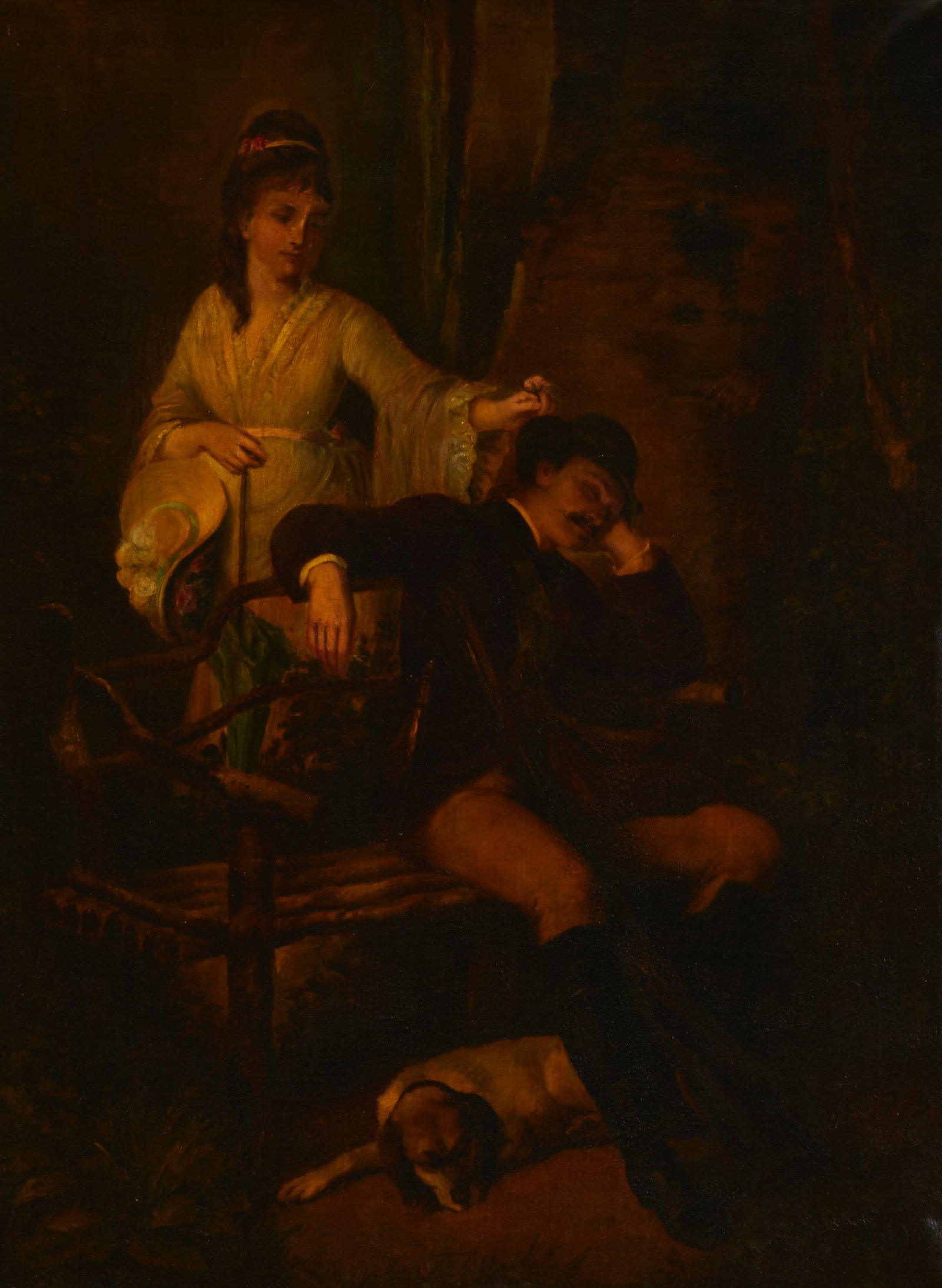 19th Century European School, Man and woman with a dog, Oil on canvas, 30.5" H x 22.5" W: 19th Century European School Man and woman with a dog Oil on canvas Appears unsigned 30.5" H x 22.5" W