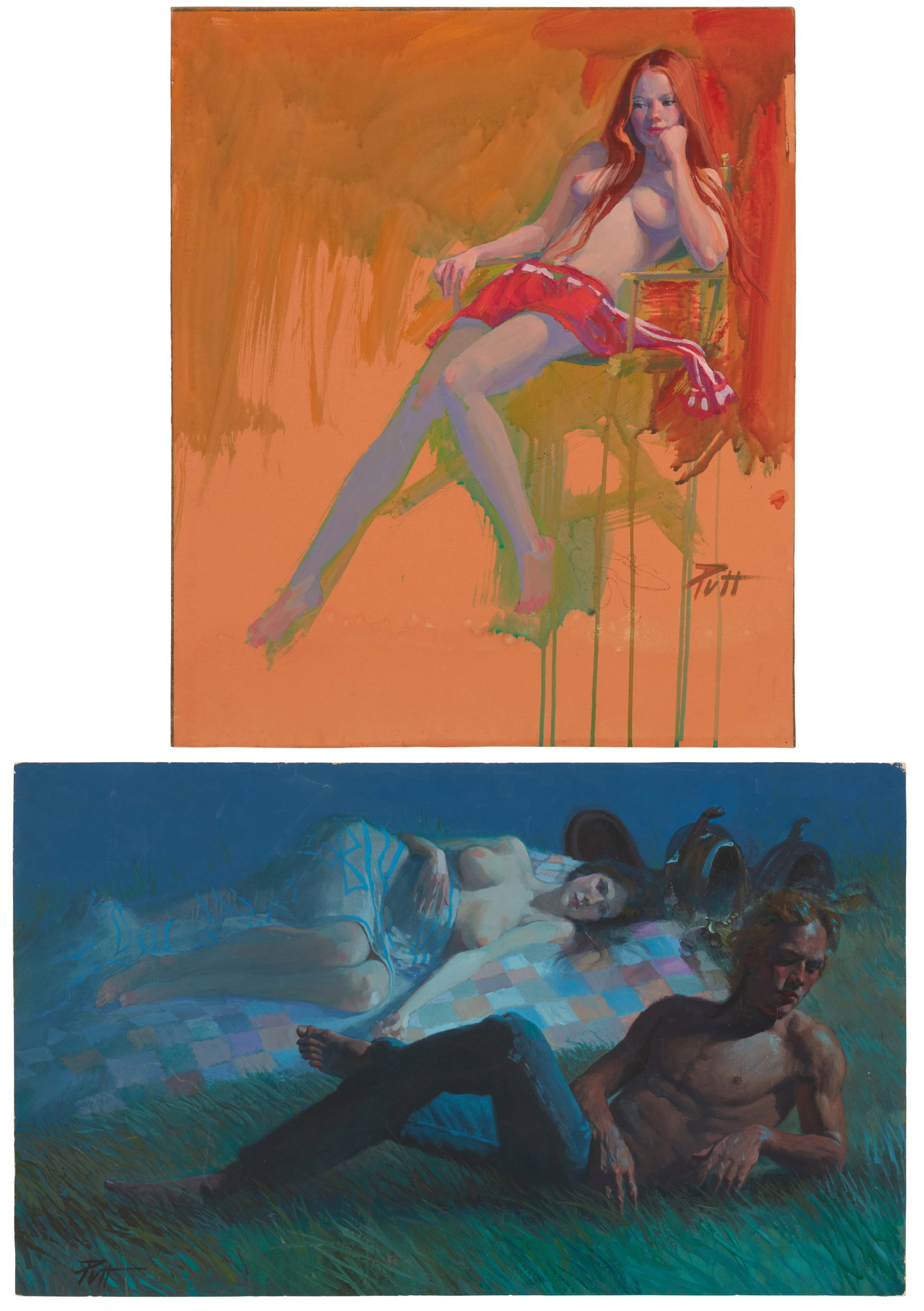 Donald "Putt" Putman (1926-2007)Two works: Red-headed nude woman, Acrylic and watercolor on paper: Donald "Putt" Putman (1926-2007) Two works: Red-headed nude woman Acrylic and watercolor on paper laid to Masonite Signed lower right: Putt 24" H x 20" W Couple in the grass Ac