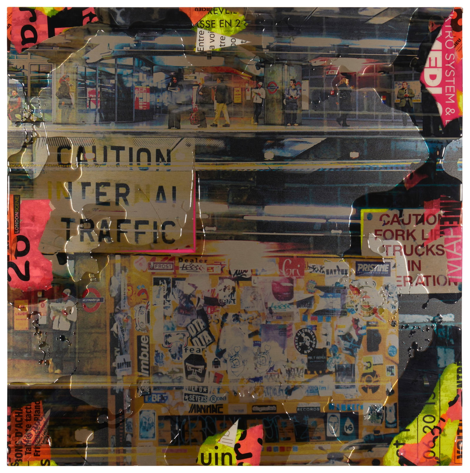 Vincent Gachaga (b. 1959), "Caution," Mixed media on wood, 31" H x 31" W x 3" D: Vincent Gachaga (b. 1959) "Caution" Mixed media on panel Signed at the upper edge: Vincent Gachaga; signed again and titled verso 31" H x 31" W x 3" D