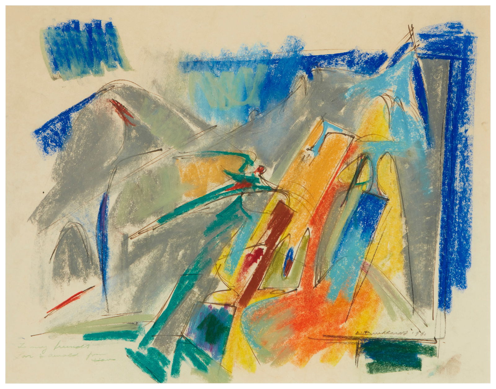 Hans Burkhardt, (1904-1994), Abstract, 1960, Pastel on paper, Sight: 17.75" H x 23" W: Hans Burkhardt(1904-1994)Abstract, 1960Pastel on paperSigned and dated in pencil lower right: H. Burkhardt; inscribed in green pencil lower left: To my friends Lori & Arnold, from HansSight: 17.75&quo