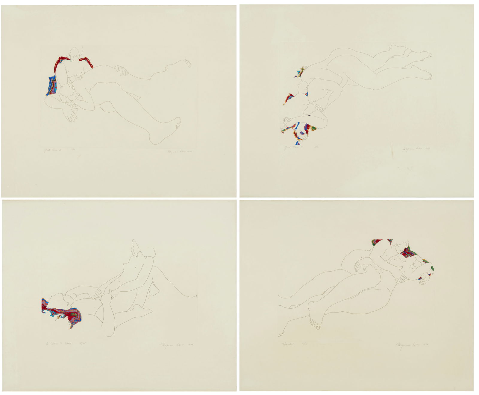 Weyman Lew (b. 1935), Four etchings with hand-coloring on paper, 1974, Plate of each: 11.75" H x 18" (1 of 20)