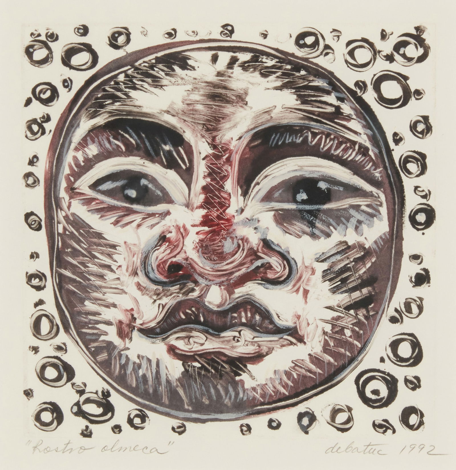 Alfredo de Batuc (b. 1950), "Rostro Olmeca," 1992, Etching and mixed media on paper, Plate: 6" H x (1 of 6)